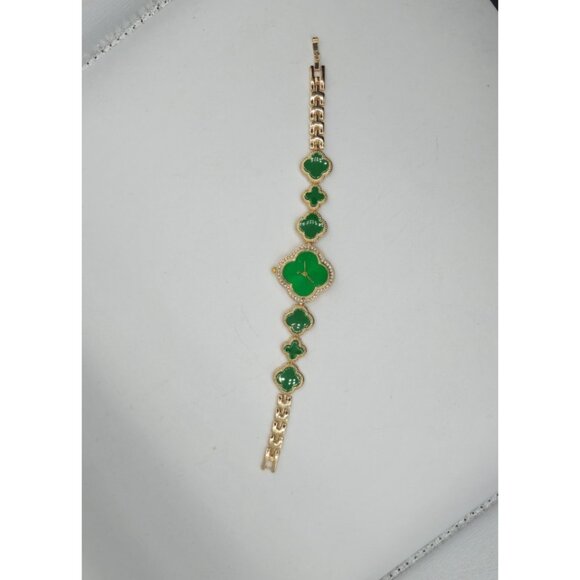 Green Clover Link Bracelet Watch Gold Tone Rhinestone Accents - Picture 4 of 5